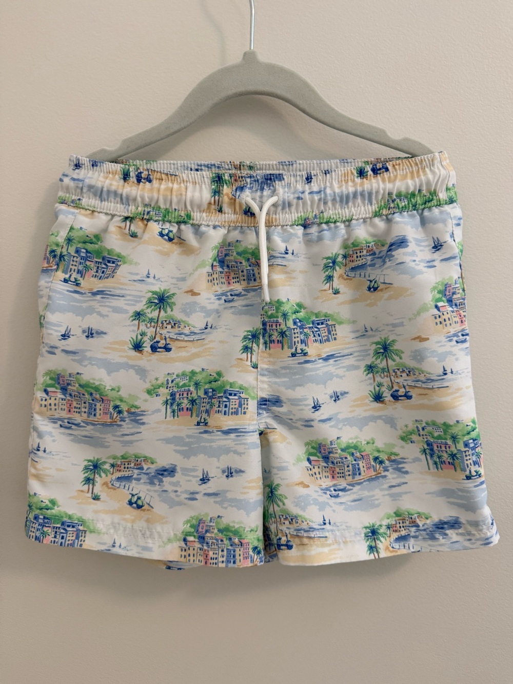 Janie and Jack Boys White Tropical Island Print Swim Trunks Size 6